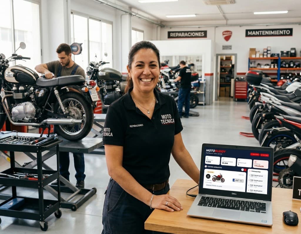 Taller de motos con MotoBuddy: mecánica en el taller y portátil mostrando el dashboard central con KPIs, centro operativo y agenda