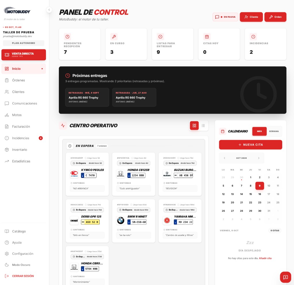 Panel de MotoBuddy con órdenes, clientes y facturación del taller